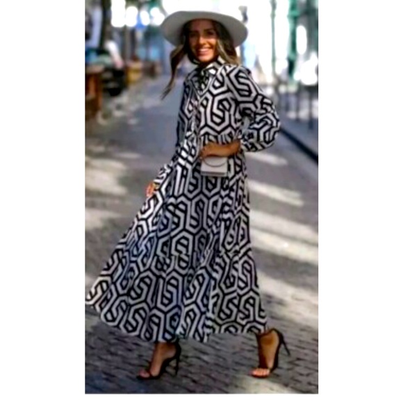 Zara Dresses & Skirts - Zara Black White Print A-Line Long Sleeve Shirt Casual Maxi Dress Size Large